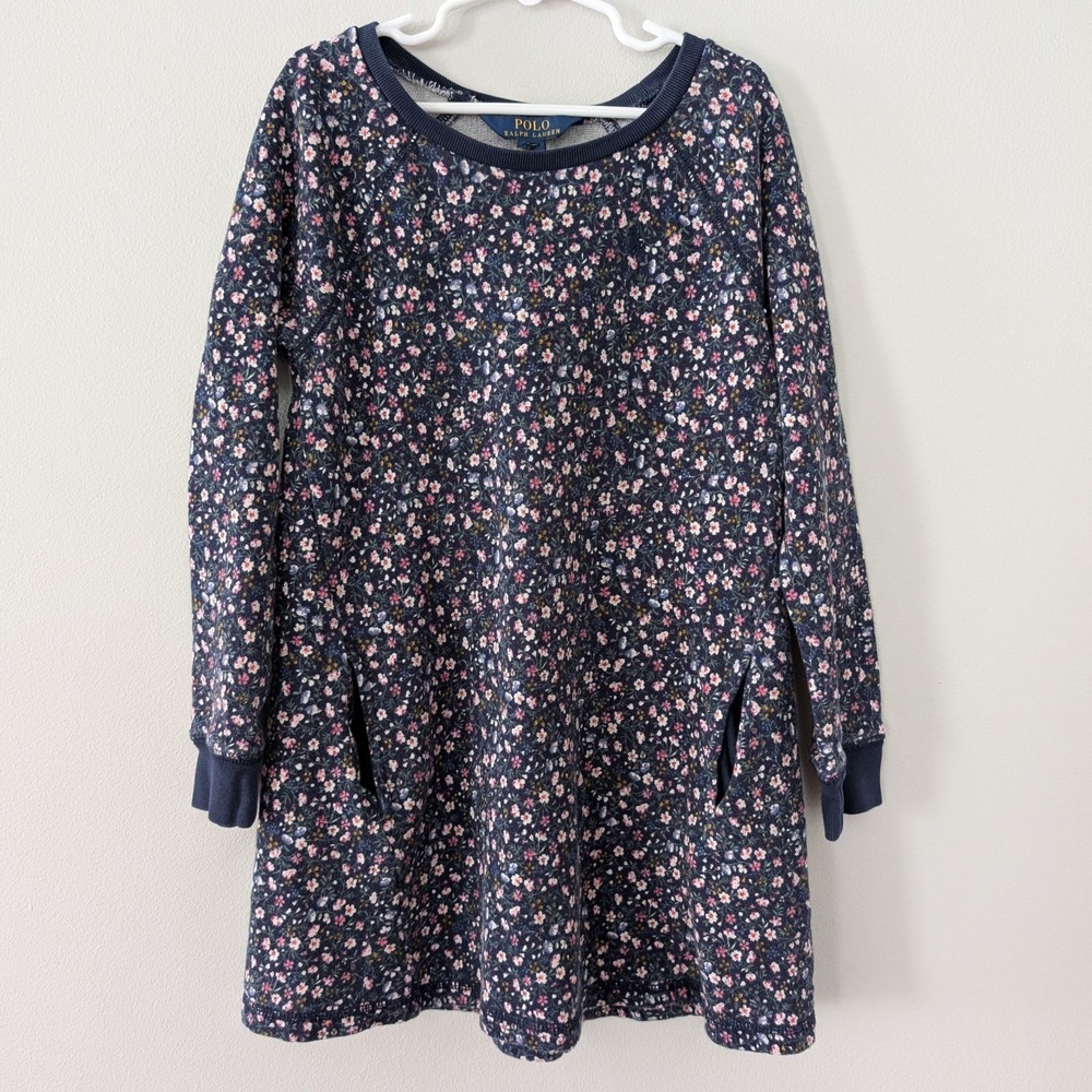 Polo Ralph Lauren‎ Little Girls Sweatshirt Dress SIZE 7 Floral Pockets Casual